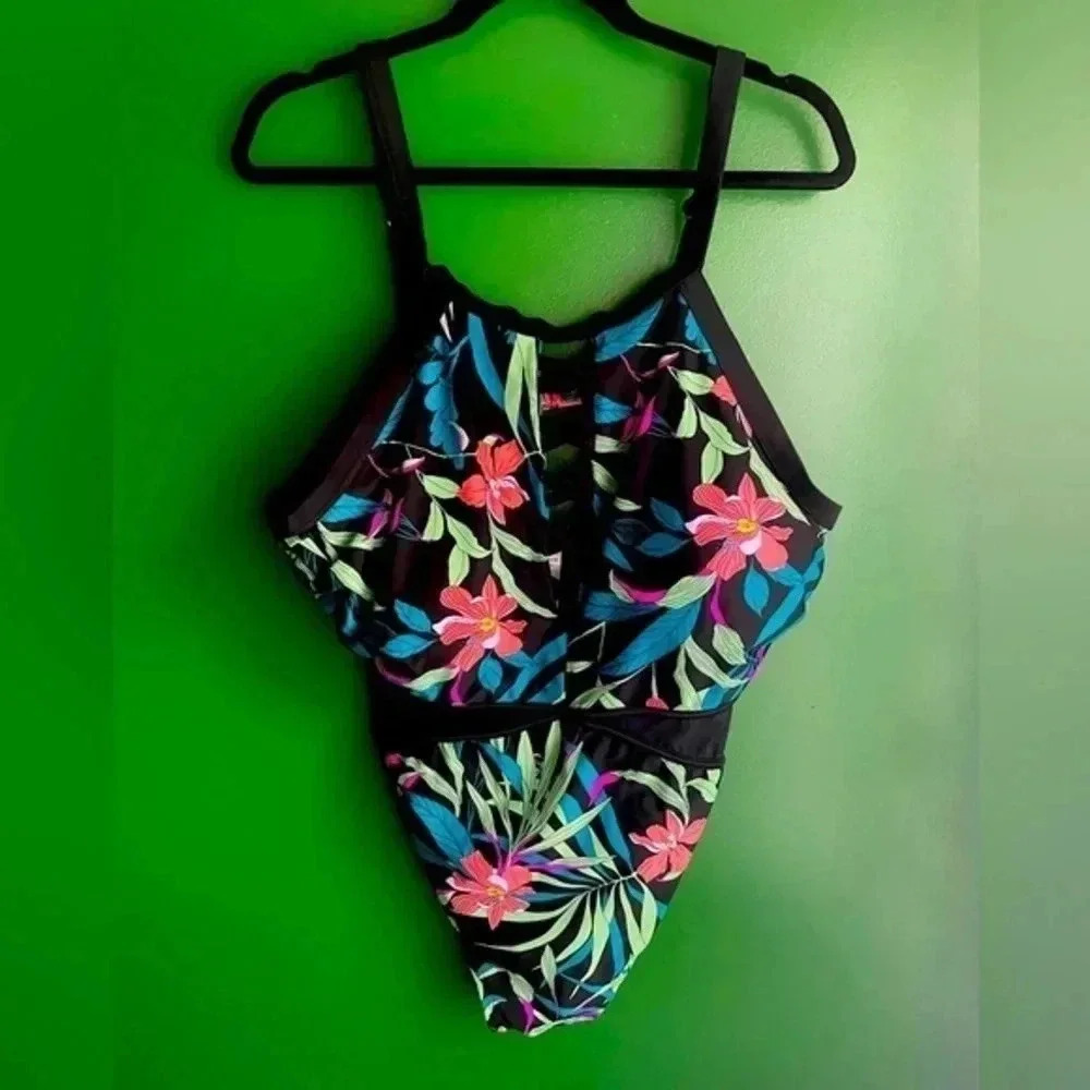 Time & Tru Plus Size 2x 20 22 Tropical zone Piece Swim Suit Sheer Panels Sexy
